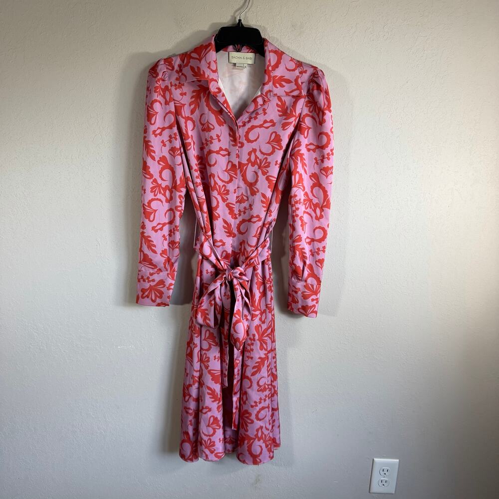 Sachin & Babi Lenora Shirt Dress Pink Red Aztec Floral Painting Print Womens 0